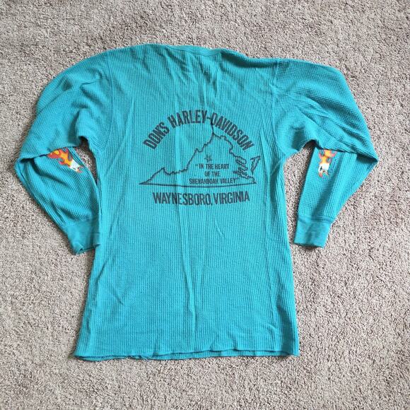 Vintage 90s Harley Davidson Teal Thermal Waffle Knit Top XL Flames Eagle 1993 - Picture 8 of 13